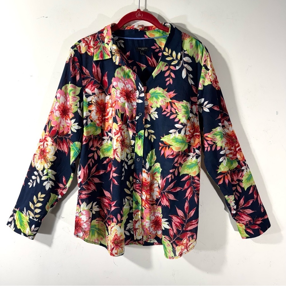 Talbots Navy Floral Button Up Blouse Large Petite